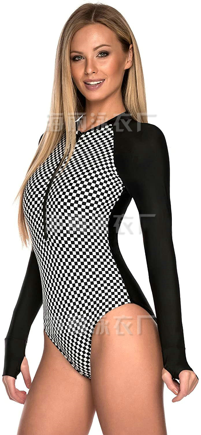 海丽泳衣厂 - 长袖高叉包臀女式连体黑白格子印花+黑色