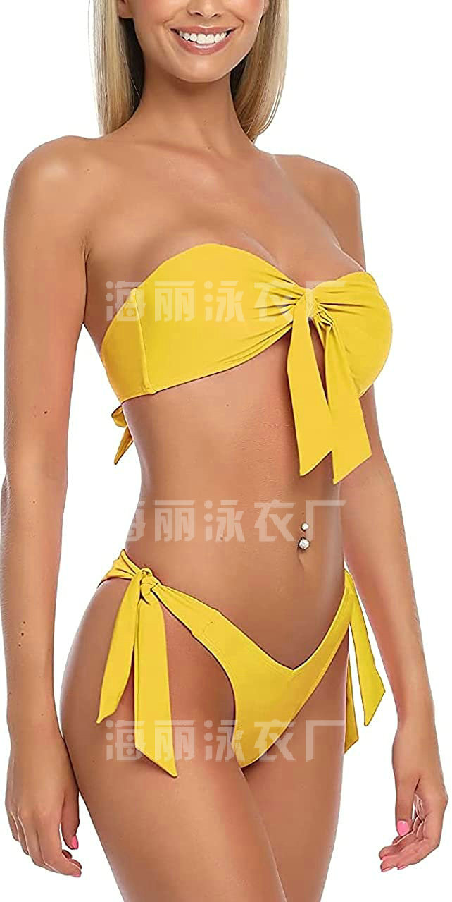 海丽泳衣厂 - 挂脖绑带可调节抹胸上围+巴西剪裁泳裤比基尼套装黄色